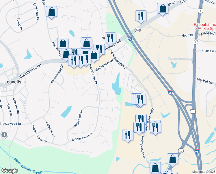 map of restaurants, bars, coffee shops, grocery stores, and more near 5123 Pecan Drive in Fredericksburg