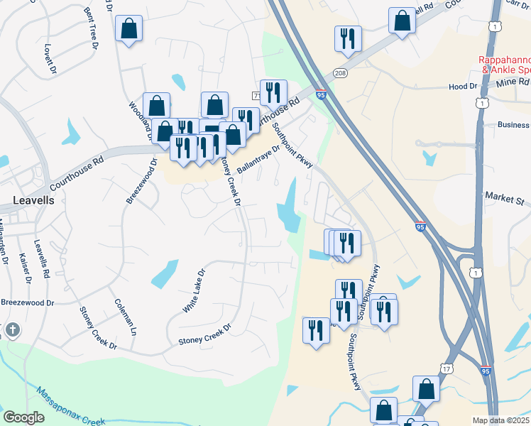 map of restaurants, bars, coffee shops, grocery stores, and more near 5125 Pecan Drive in Fredericksburg