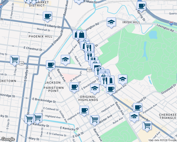 map of restaurants, bars, coffee shops, grocery stores, and more near 1231 U.S. 150 in Louisville
