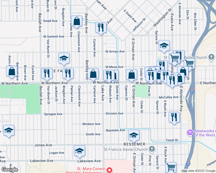 map of restaurants, bars, coffee shops, grocery stores, and more near 1130 West Northern Avenue in Pueblo