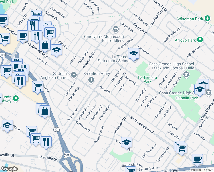 map of restaurants, bars, coffee shops, grocery stores, and more near 1423 Tanager Lane in Petaluma
