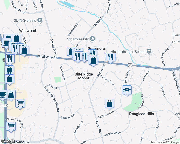 map of restaurants, bars, coffee shops, grocery stores, and more near 10434 Shelbyville Road in Blue Ridge Manor