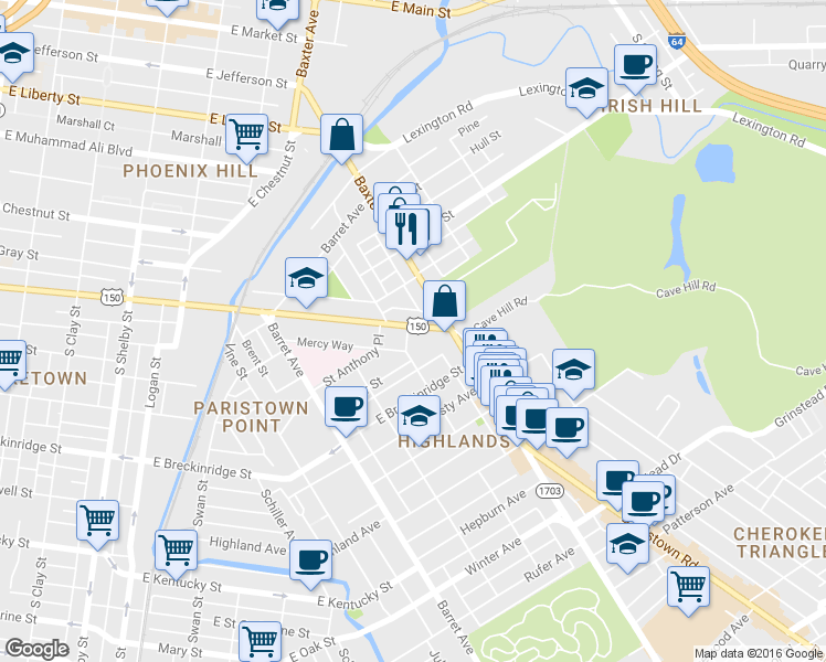 map of restaurants, bars, coffee shops, grocery stores, and more near 1231 U.S. 150 in Louisville