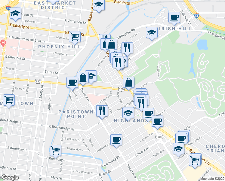 map of restaurants, bars, coffee shops, grocery stores, and more near 1201 East Broadway in Louisville