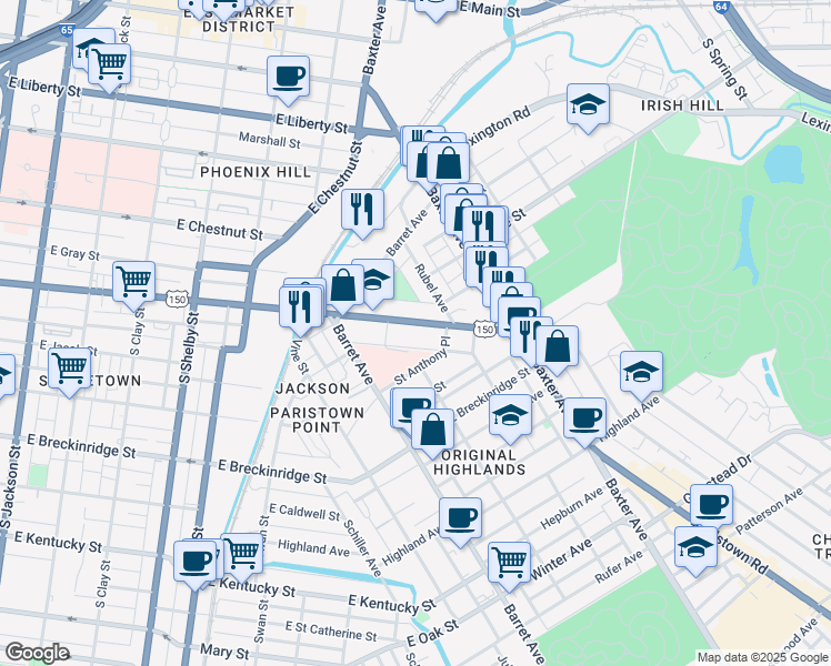 map of restaurants, bars, coffee shops, grocery stores, and more near 1172 East Broadway in Louisville