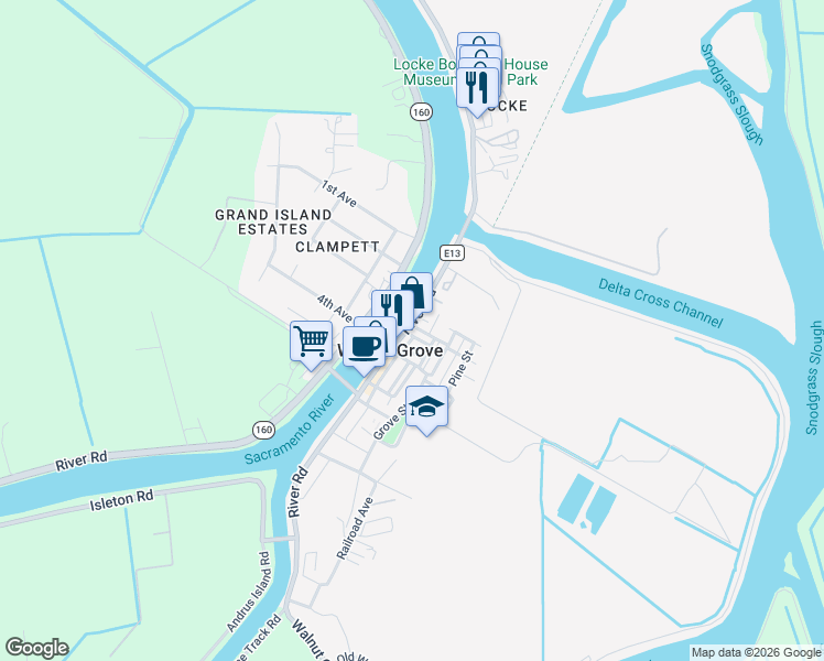 map of restaurants, bars, coffee shops, grocery stores, and more near 14071 River Road in Walnut Grove