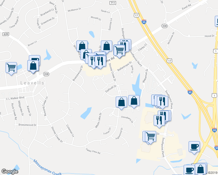 map of restaurants, bars, coffee shops, grocery stores, and more near 5221 Daffodil Drive in Fredericksburg