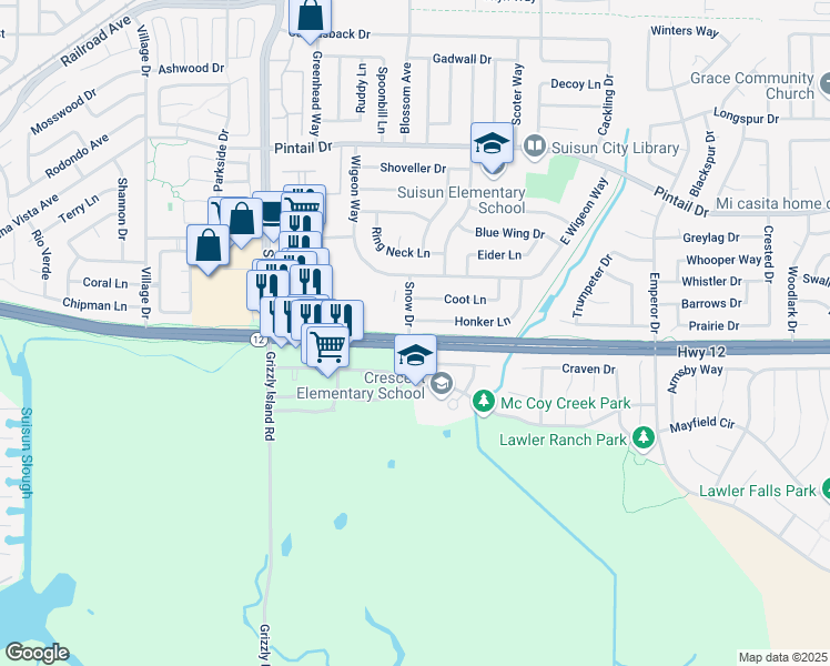 map of restaurants, bars, coffee shops, grocery stores, and more near Central County Bikeway in Suisun City