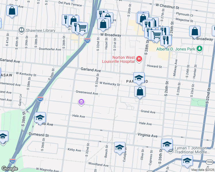 map of restaurants, bars, coffee shops, grocery stores, and more near 3030 West Kentucky Street in Louisville