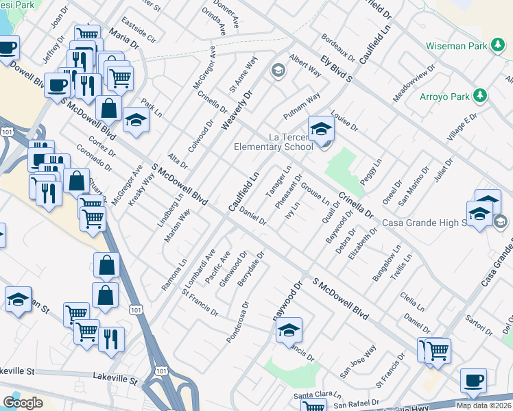 map of restaurants, bars, coffee shops, grocery stores, and more near 1423 Tanager Lane in Petaluma