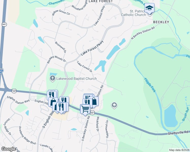 map of restaurants, bars, coffee shops, grocery stores, and more near 14310 Lake Forest Drive in Louisville