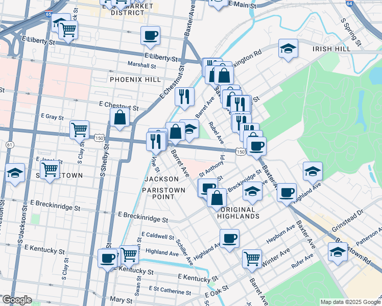 map of restaurants, bars, coffee shops, grocery stores, and more near 1128 East Broadway in Louisville