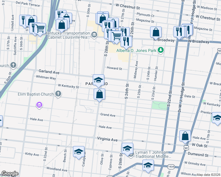 map of restaurants, bars, coffee shops, grocery stores, and more near 2725 West Kentucky Street in Louisville