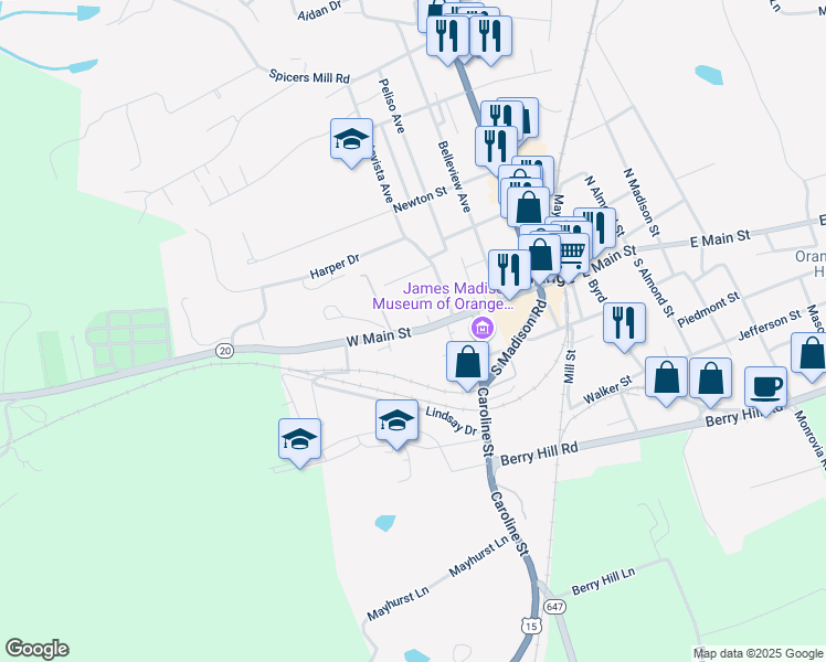 map of restaurants, bars, coffee shops, grocery stores, and more near West Main Street in Orange