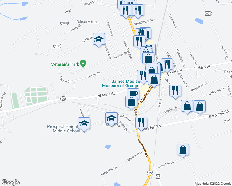 map of restaurants, bars, coffee shops, grocery stores, and more near West Main Street in Orange