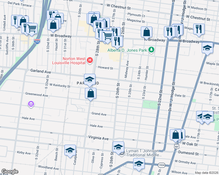 map of restaurants, bars, coffee shops, grocery stores, and more near 2637 West Kentucky Street in Louisville
