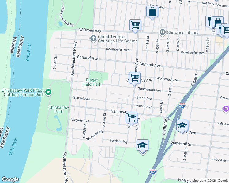 map of restaurants, bars, coffee shops, grocery stores, and more near 4218 Greenwood Avenue in Louisville