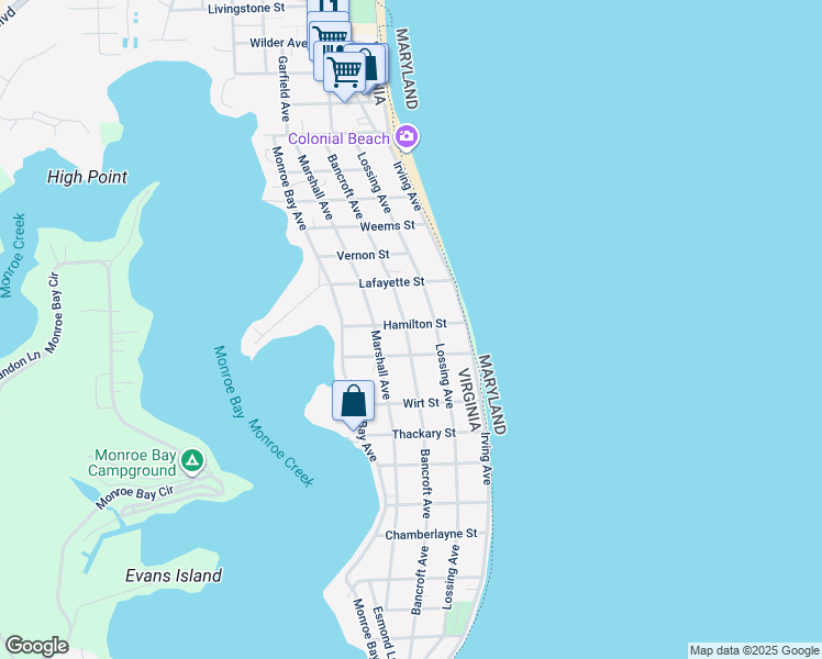 map of restaurants, bars, coffee shops, grocery stores, and more near 602 Bancroft Avenue in Colonial Beach