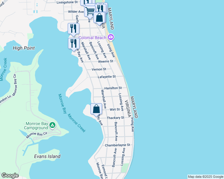 map of restaurants, bars, coffee shops, grocery stores, and more near 602 Bancroft Avenue in Colonial Beach