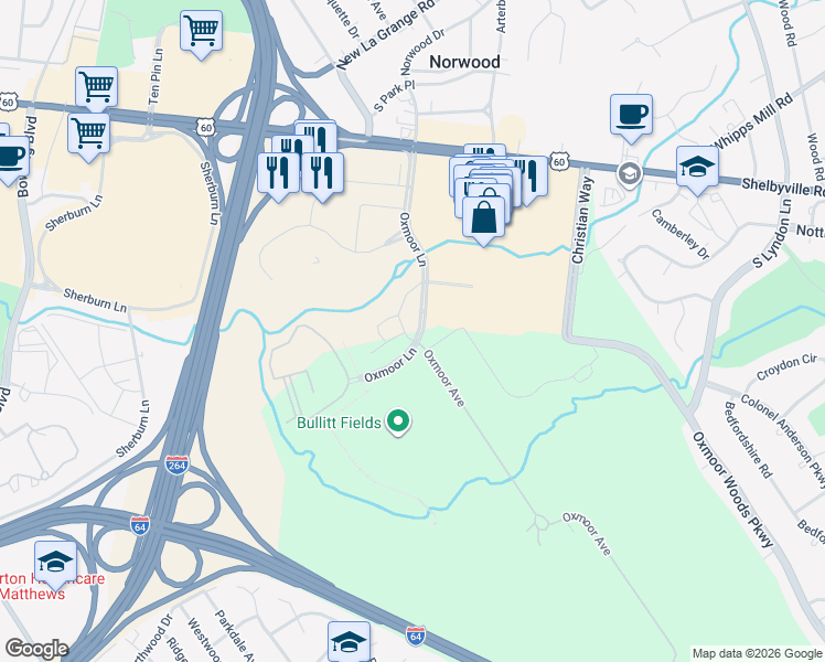 map of restaurants, bars, coffee shops, grocery stores, and more near 7725 Upton Oxmoor Lane in Louisville