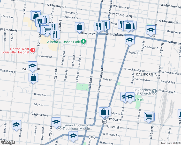 map of restaurants, bars, coffee shops, grocery stores, and more near 2204 Garland Avenue in Louisville