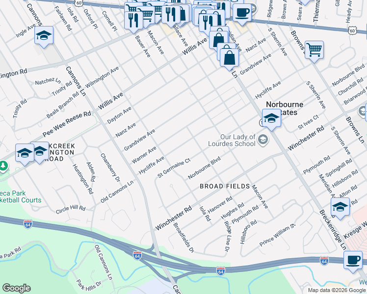 map of restaurants, bars, coffee shops, grocery stores, and more near 3526 Hycliffe Avenue in Louisville