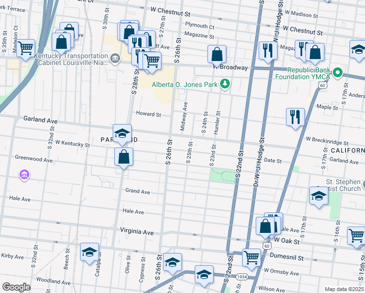 map of restaurants, bars, coffee shops, grocery stores, and more near 2502 Garland Avenue in Louisville