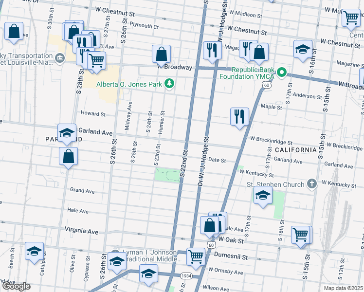 map of restaurants, bars, coffee shops, grocery stores, and more near 2204 Garland Avenue in Louisville