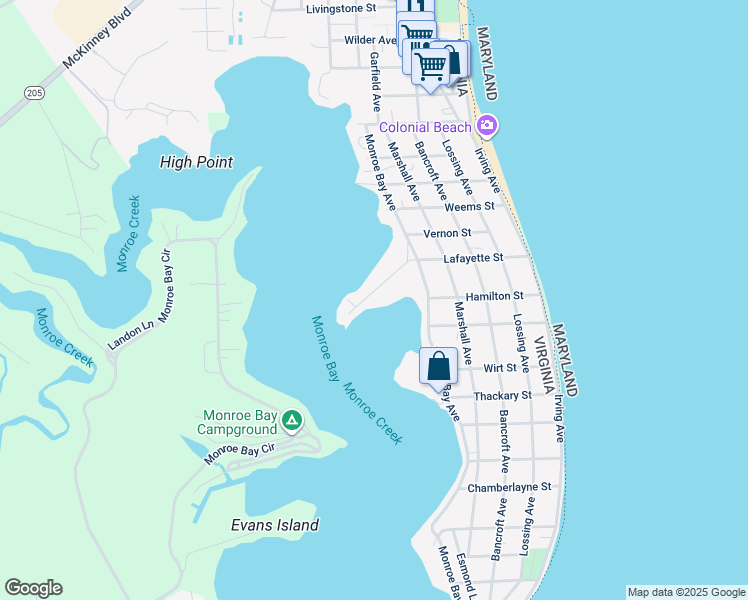 map of restaurants, bars, coffee shops, grocery stores, and more near 534 Lafayette Street in Colonial Beach