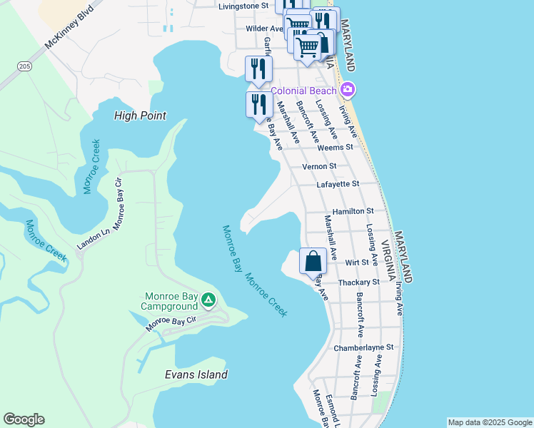 map of restaurants, bars, coffee shops, grocery stores, and more near 534 Lafayette Street in Colonial Beach