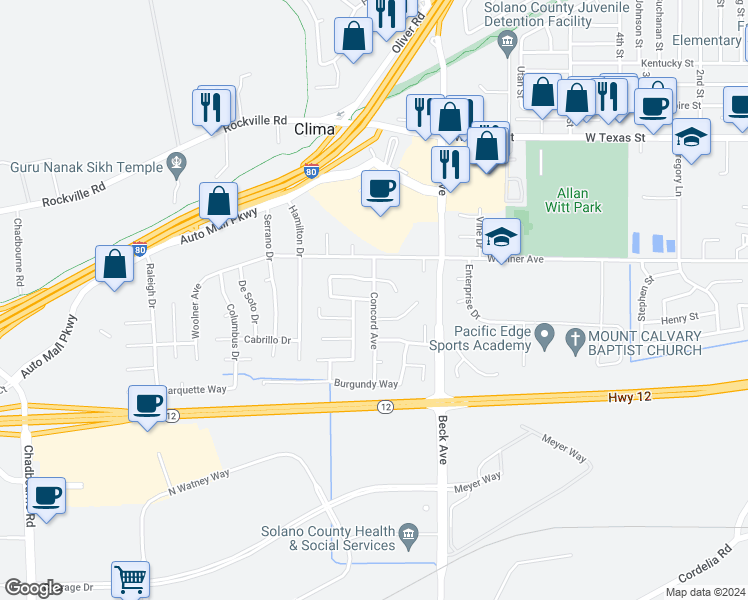 map of restaurants, bars, coffee shops, grocery stores, and more near Sunhaven Cir & Concord Ave in Fairfield