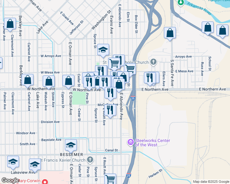 map of restaurants, bars, coffee shops, grocery stores, and more near 316 West Northern Avenue in Pueblo