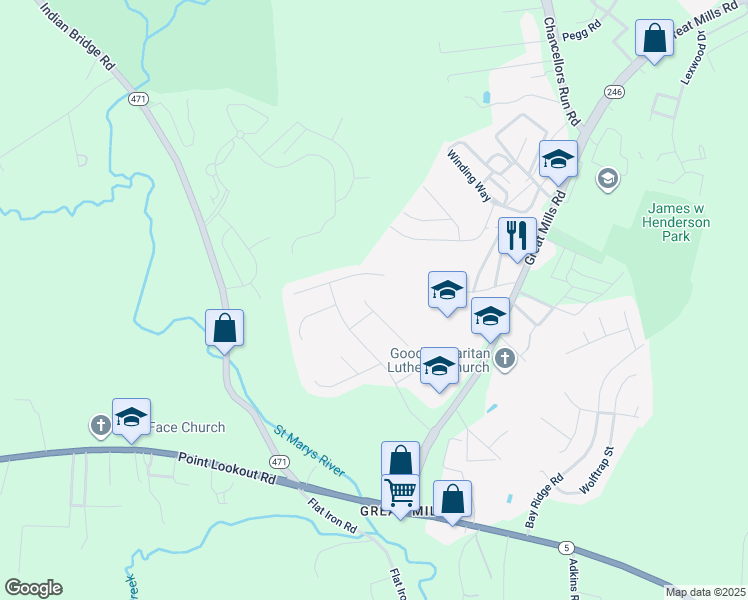 map of restaurants, bars, coffee shops, grocery stores, and more near 45656 Edge Mill Court in Great Mills