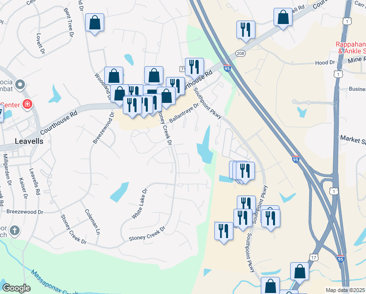 map of restaurants, bars, coffee shops, grocery stores, and more near 5132 Redbud Road in Fredericksburg