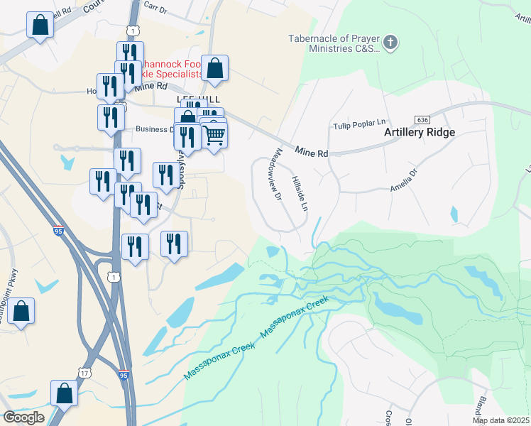 map of restaurants, bars, coffee shops, grocery stores, and more near 10319 Hillside Lane in Fredericksburg