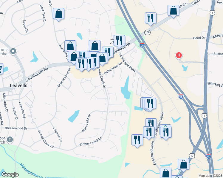 map of restaurants, bars, coffee shops, grocery stores, and more near 5134 Redbud Road in Fredericksburg