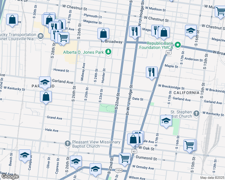 map of restaurants, bars, coffee shops, grocery stores, and more near 2204 Garland Avenue in Louisville