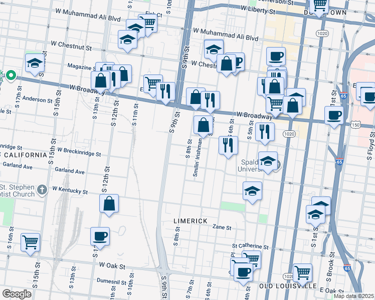 map of restaurants, bars, coffee shops, grocery stores, and more near 816 South 8th Street in Louisville