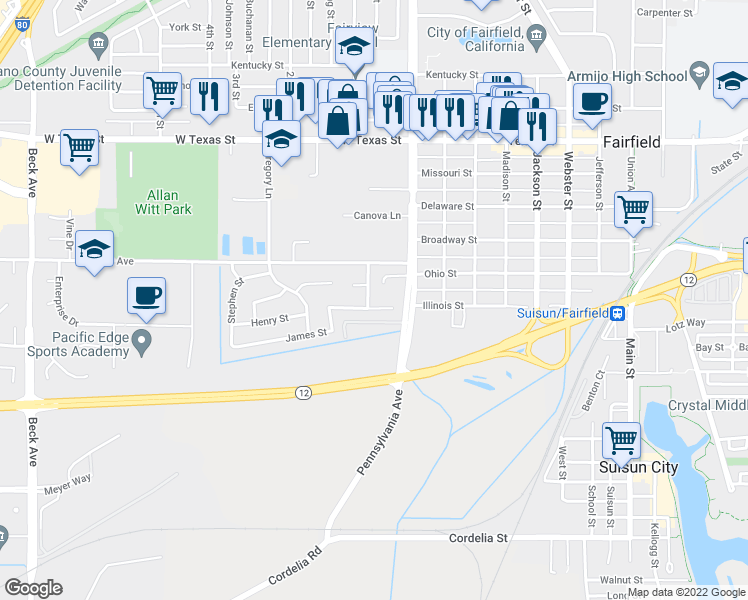map of restaurants, bars, coffee shops, grocery stores, and more near 212 Lawrence Street in Fairfield