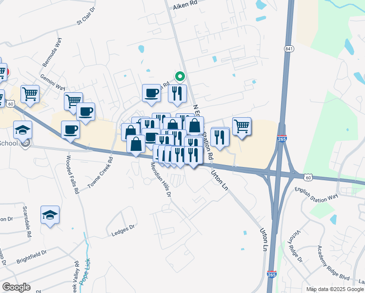 map of restaurants, bars, coffee shops, grocery stores, and more near 12945 Shelbyville Road in Louisville