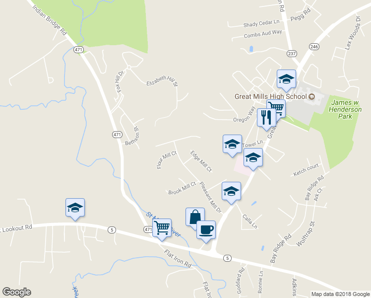 map of restaurants, bars, coffee shops, grocery stores, and more near 45649 Edge Mill Court in Great Mills