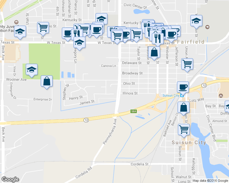 map of restaurants, bars, coffee shops, grocery stores, and more near 1306 James Street in Fairfield