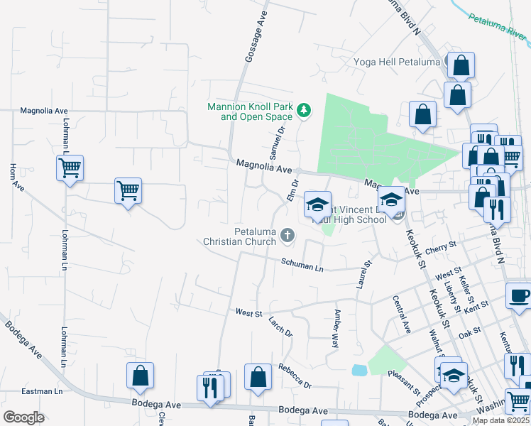 map of restaurants, bars, coffee shops, grocery stores, and more near 821 Blossom Court in Petaluma