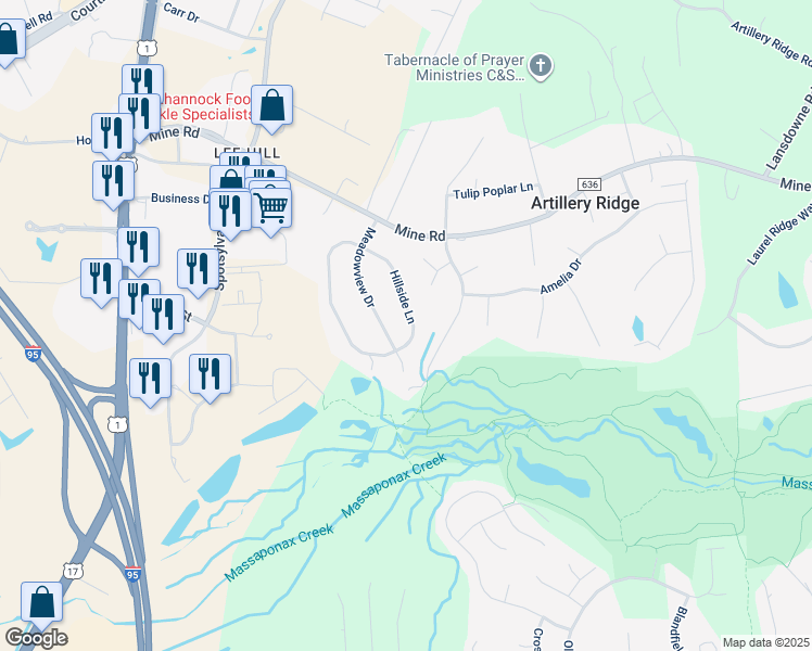 map of restaurants, bars, coffee shops, grocery stores, and more near 10207 Hillside Lane in Fredericksburg