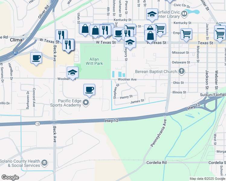 map of restaurants, bars, coffee shops, grocery stores, and more near 225 Stephen Street in Fairfield