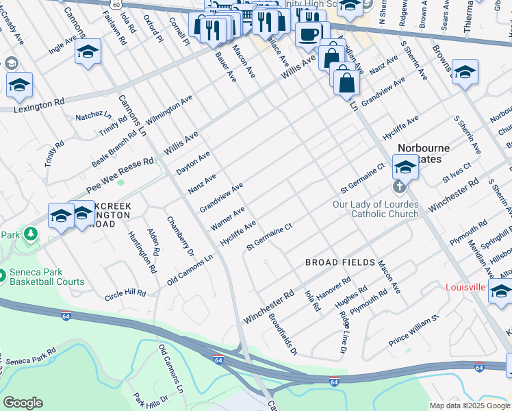 map of restaurants, bars, coffee shops, grocery stores, and more near 3504 Warner Avenue in Louisville