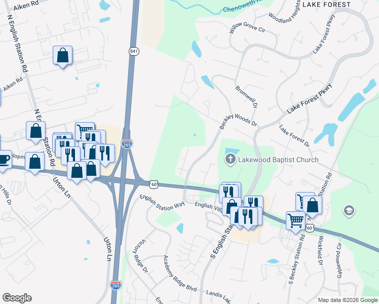 map of restaurants, bars, coffee shops, grocery stores, and more near 322 Beckley Ridge Lane in Louisville