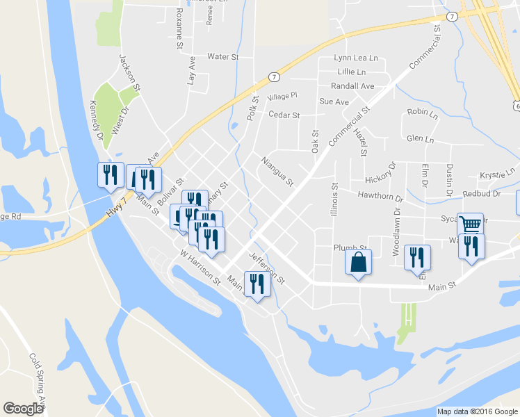 map of restaurants, bars, coffee shops, grocery stores, and more near 118 West Osage Street in Warsaw