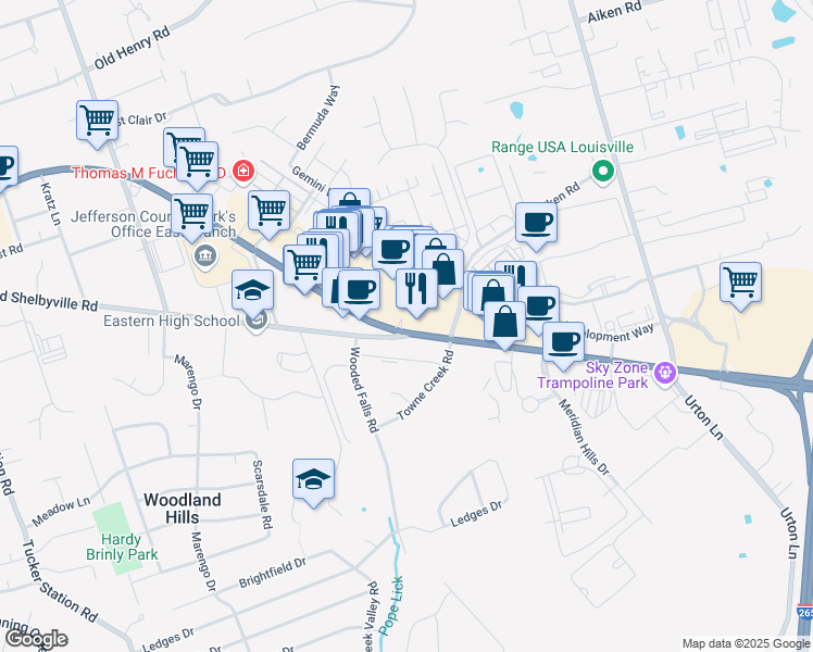 map of restaurants, bars, coffee shops, grocery stores, and more near 12715 Shelbyville Rd in Louisville