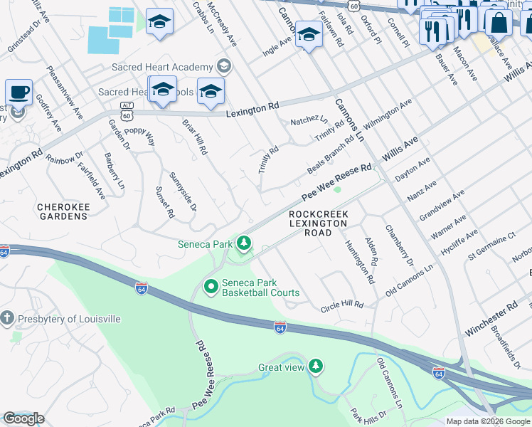 map of restaurants, bars, coffee shops, grocery stores, and more near 610 Cloverlea Road in Louisville